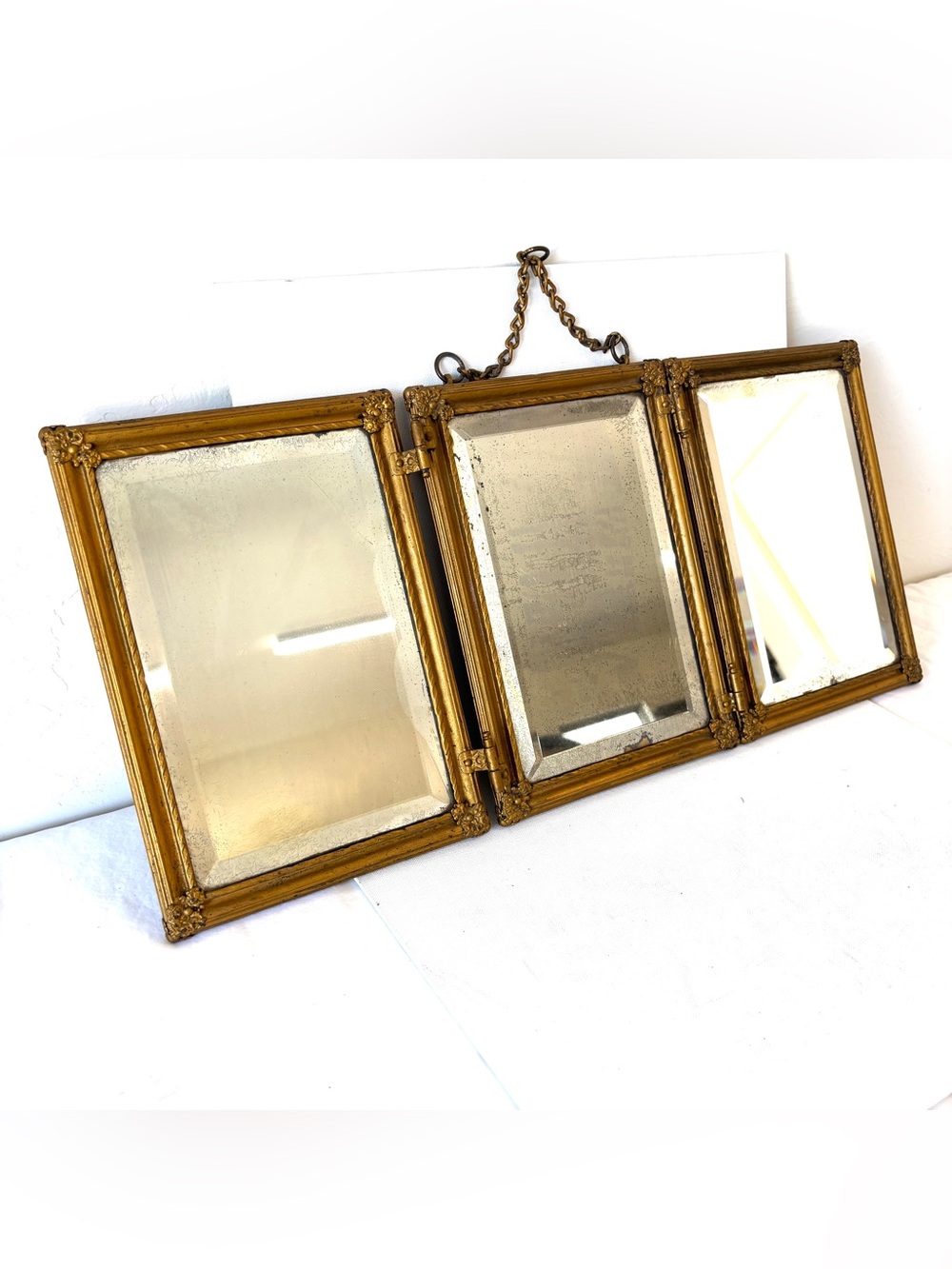 Mirror: Antique Victorian Beveled Tri-Fold Hanging Brass Indian Floral Wall Art